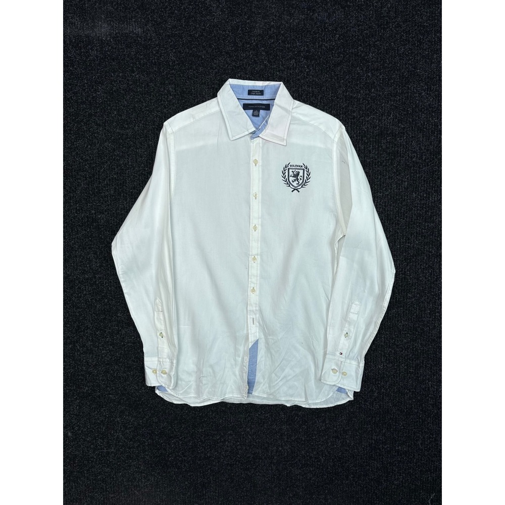 Tommy Hilfiger Mens M White Cotton Crest Custom Fit Long Sleeve Button Down